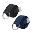 Black and navy men's canvas belt kit with silver metal D-ring buckles and textured fabric