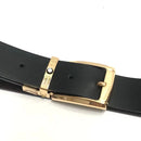 Black men's shiny leather belt with gold buckle and polished finish from Loja
