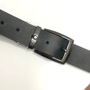 Men's shiny leather belt with black strap and silver metal buckle by Loja
