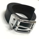 Loja men's shiny leather belt with polished silver buckle rolled on white background