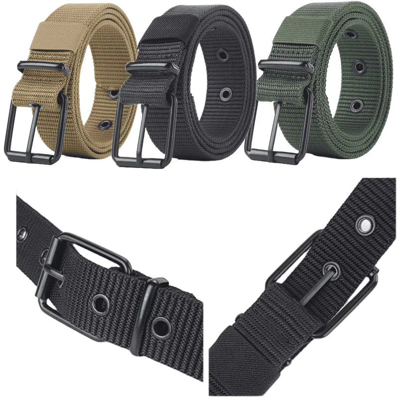 Loja nylon canvas belts for men in tan black and green with metal buckle and eyelets