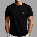 Black short sleeve t-shirt with small white logo on chest worn by man